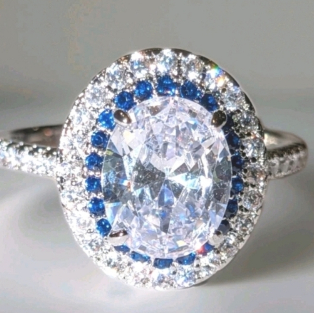 3ct 925 Sterling silver Oval Blue Halo White Diamond Simulated Engagement Ring10